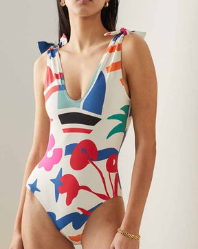 Printed Lace Up Chic One Piece Swimsuit