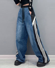 Contrast Patchwork Striped Baggy Jeans