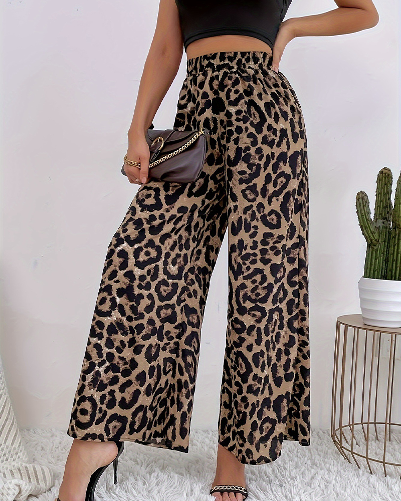 Leopard Print Casual Wide-Leg Trousers