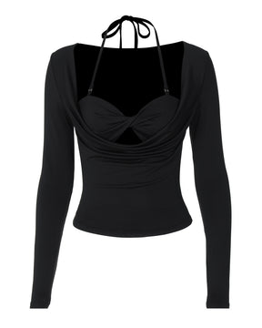 Halterneck Midriff-Baring Long-Sleeved Top