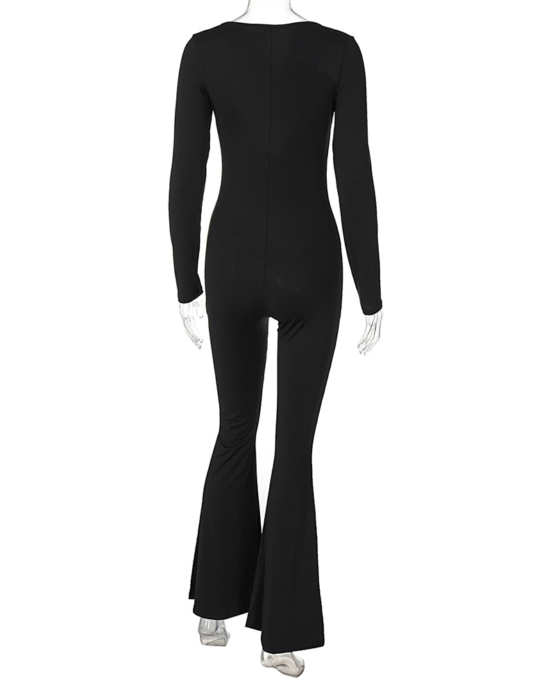 Long Sleeve V-Neck Tight Trim Jumpsuit