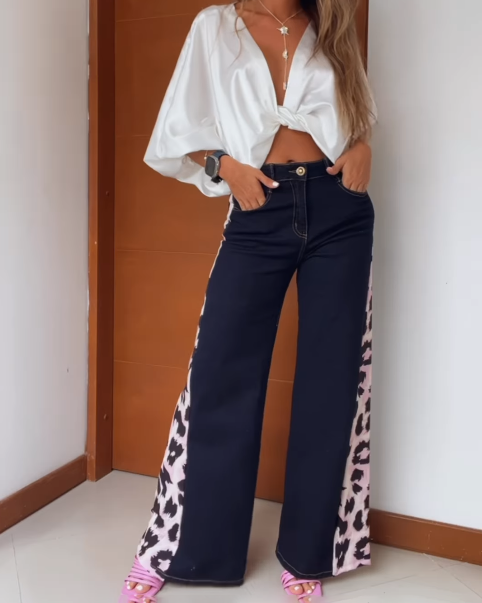 Leopard Print Loose Paneled Flared Jeans (Pre-Sale)