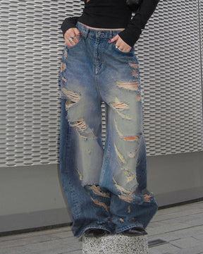 Beggar Style Ripped Hole Washed Loose Straight Jeans