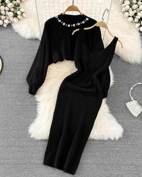 Knitted Round Neck High Waist Puff Sleeve Skirt Set