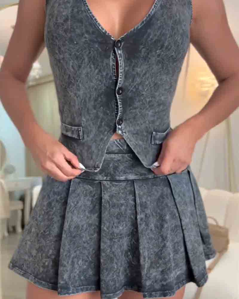 Washed Faux Denim Mini Skirt Set (Pre-sale)