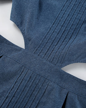 Retro Denim Kurzarm A-Linien Kleid mit Puffärmeln