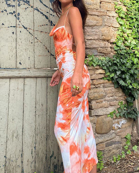 Printed Tie-Dye Backless Strappy Long Dress