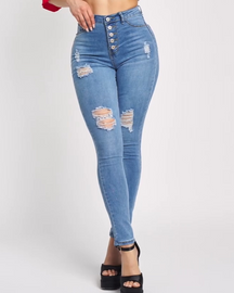 High Waisted Buckle Elastic Slim Fit Jeans  (Pre-Sale)