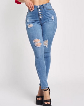 High Waisted Buckle Elastic Slim Fit Jeans  (Pre-Sale)