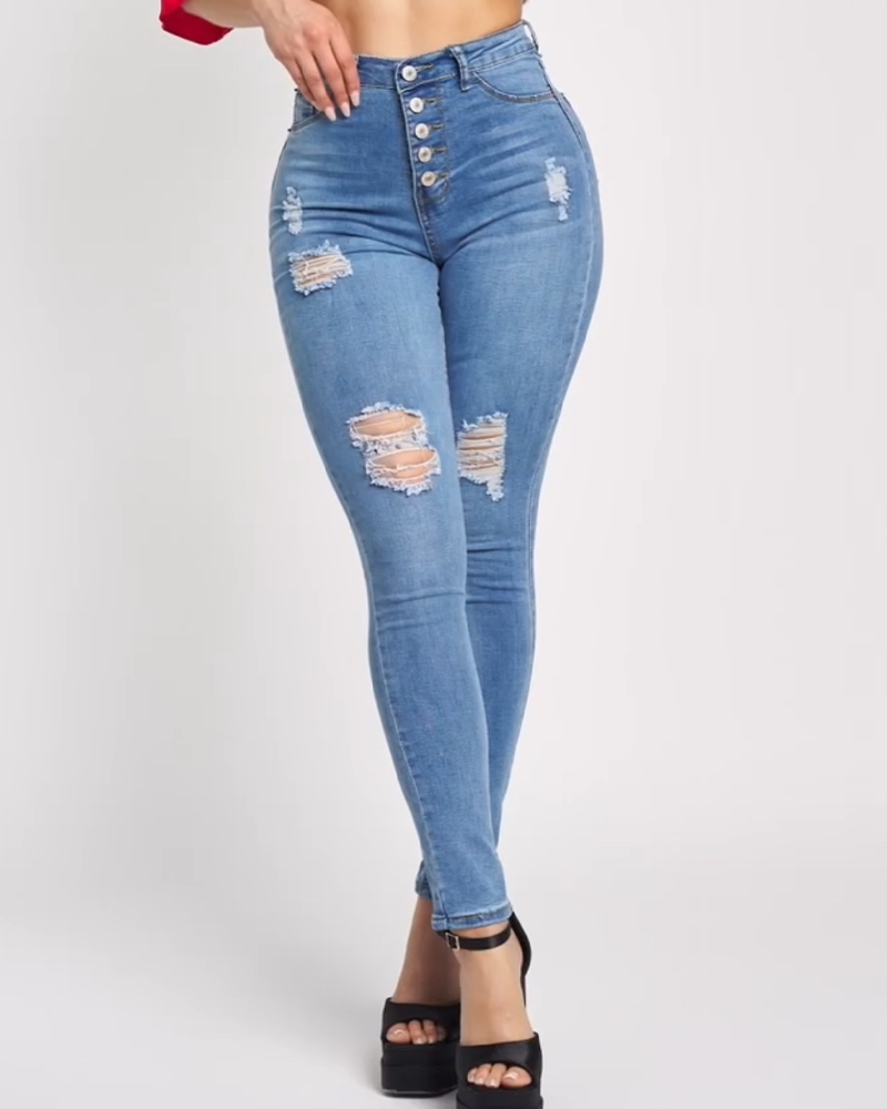 Elastische Slim Fit-Jeans mit hoher Taille und Schnalle (Vorverkauf)