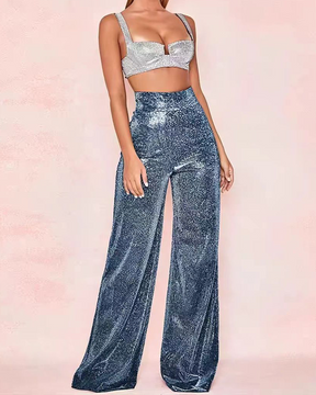 Silver High-Waisted Wide-Leg Slacks