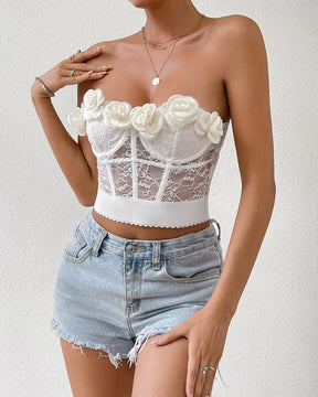 Spitzen-Tube-Top mit Blumenmuster und freiem Bauchnabel