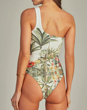 Traje de baño y pareo con estampado de playa