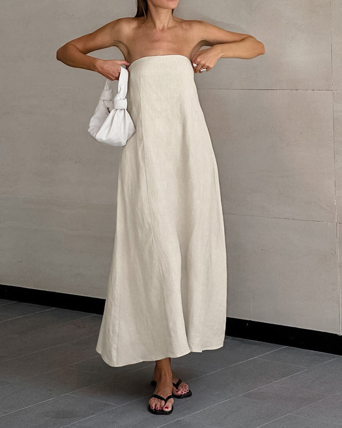 Cotton and Linen Tube Top Resort Style High Waist Backless Dress