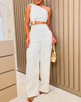 Slanted Shoulder Collar Solid Color Trousers Set (Pre-Sale)