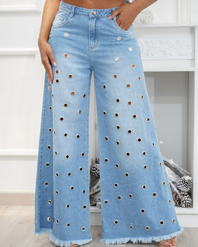 Mittelhohe Palazzo-Jeans mit weitem Bein und Ösen