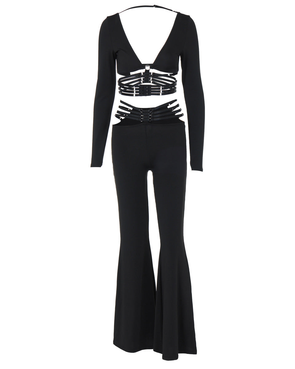 V-Neck Long-Sleeved Top Slim Fit Strappy Wide-Leg Pants Suit