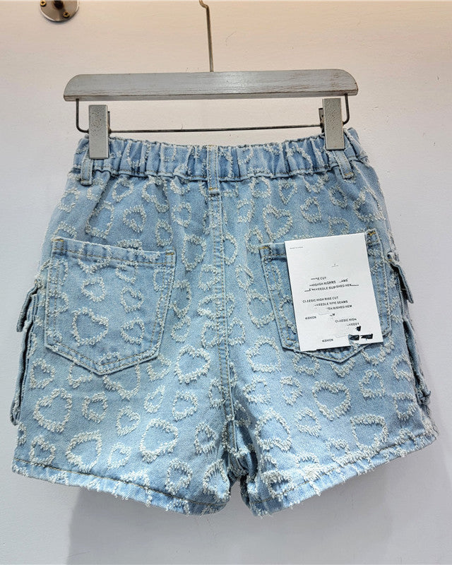 Jacquard Love Heart High Waist Loose Denim A-Line Shorts Skirt