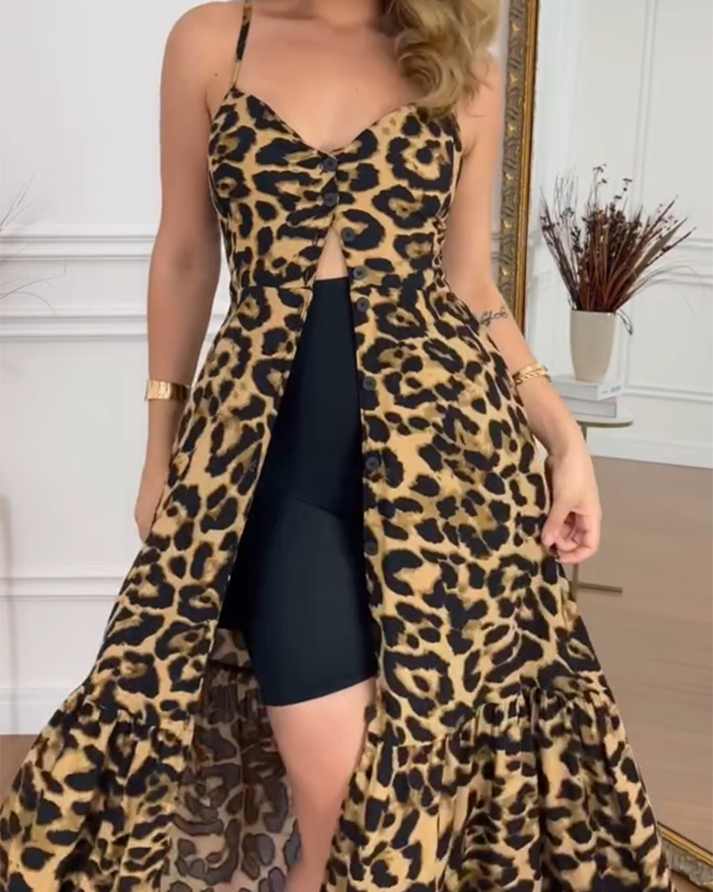 Leopard Print Halter V-Neck High Waist Dress (Pre-Sale)