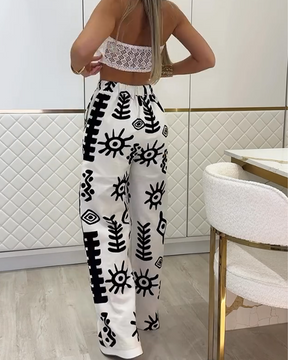 Lace-Up Tube Top Print High-Waisted Trouser Set (Pre-Sale)