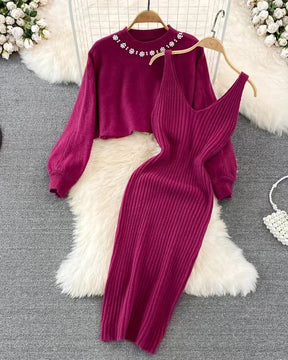 Knitted Round Neck High Waist Puff Sleeve Skirt Set