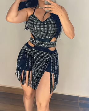 Sparkling Fringed Rhinestone Cutout Waist Mini Dress (Pre-sale)