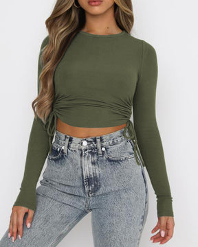 Crop Top mit Rundhalsausschnitt und langen Ärmeln und Kordelzug