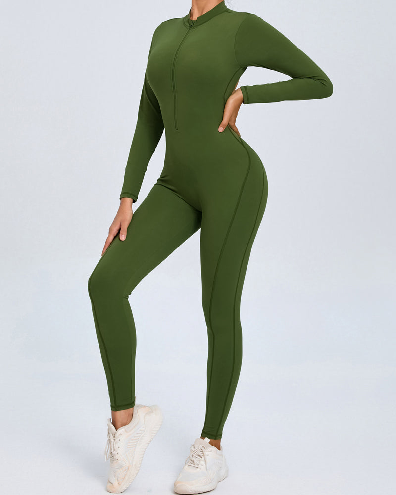 Zippered Long Sleeve Butt Lift Yoga Jumpsuit