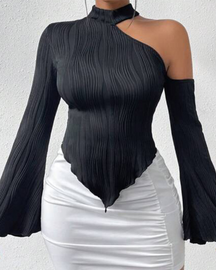 Long Sleeve Oblique Neck Hanging Neck T Shirt