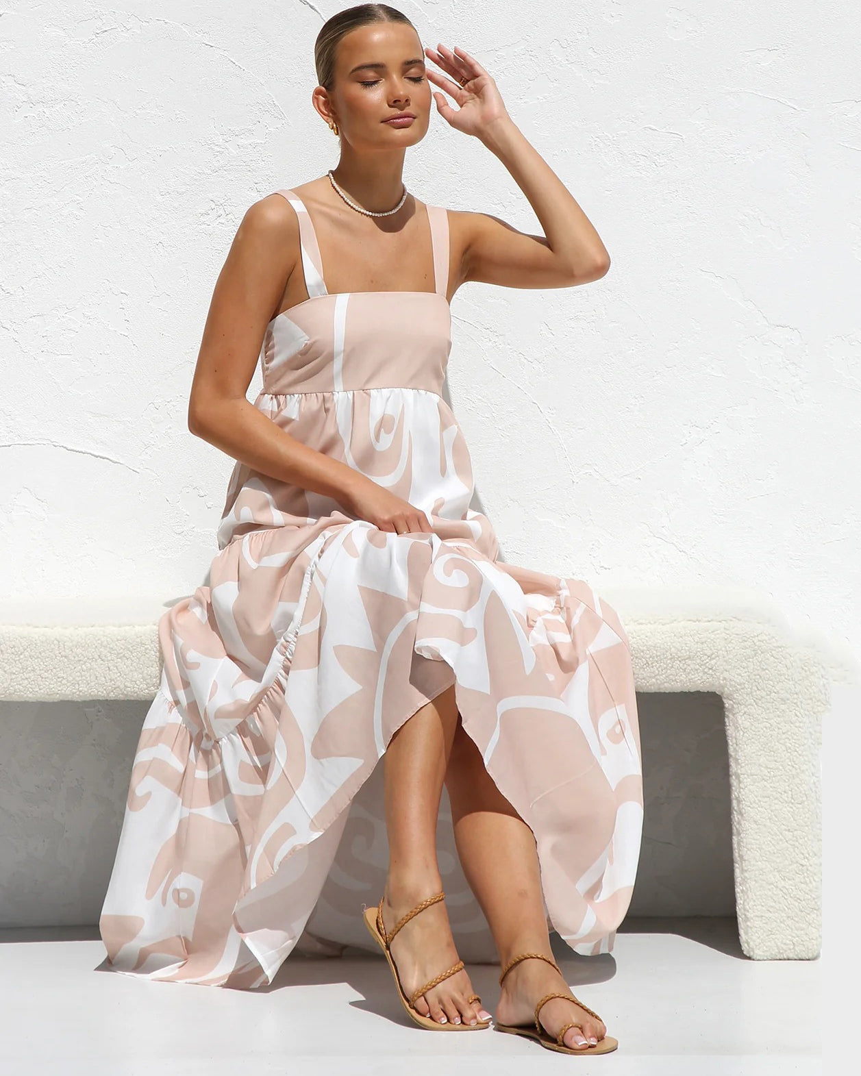 Simple Printed Suspender Maxi Dress with Large Skirt