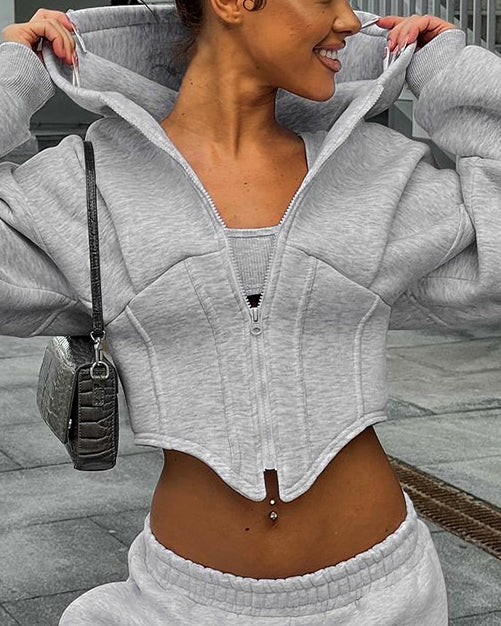 Long Sleeve Fleece Zipper Cardigan Hooded Casual Sweatshirt