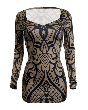 Printed Long-Sleeved Slim Hip-Wrapping Dress