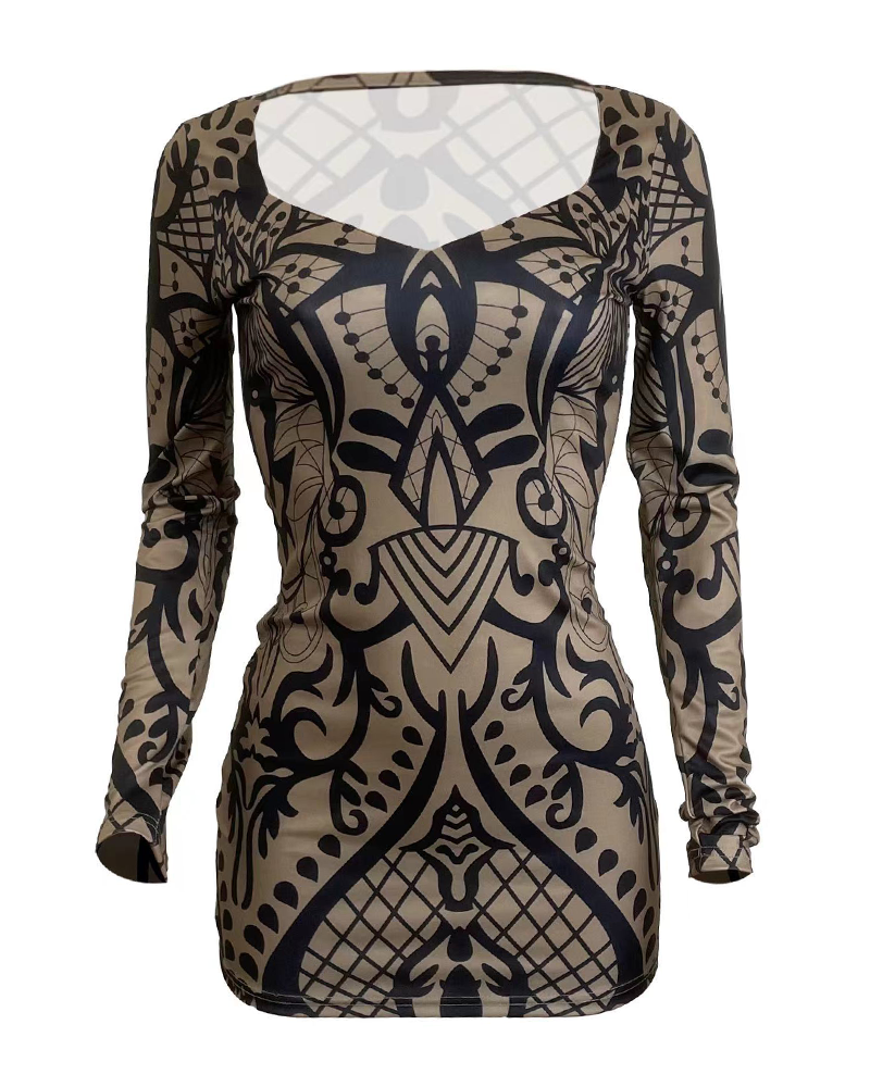 Printed Long-Sleeved Slim Hip-Wrapping Dress