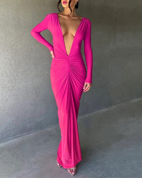 Reversible Pleated Long-Sleeved Backless Maxi Dress