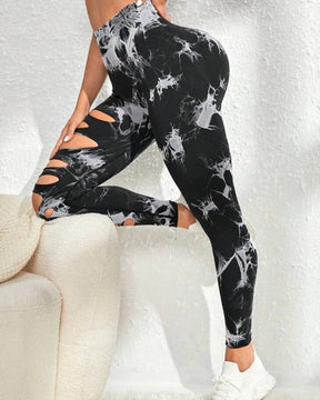 Pantalones de yoga con levantamiento de cadera y cintura alta con efecto tie-dye y abertura