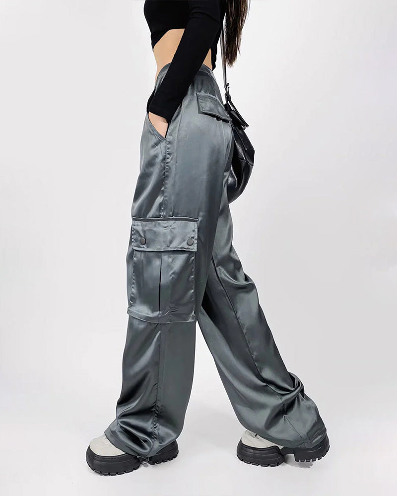 Lockerer, gerader, lässiger Satin-Overall mit hoher Taille