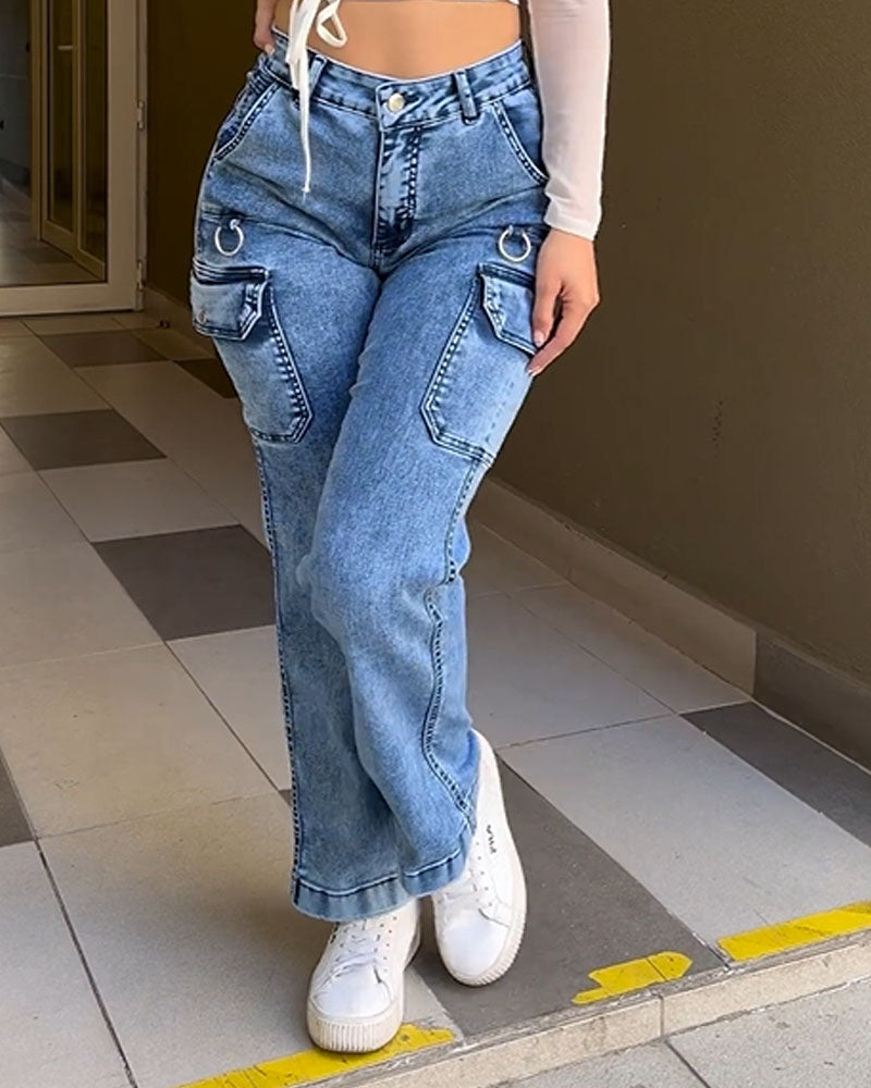 Buy Women Wide Leg Cargo 6 Pocket Jeans Women's Solid Mid Rise Clean Look  Regular Length Ice Wash Stretchable Denim State Pants Women's Flare Fit  Jeans (28, Black) at