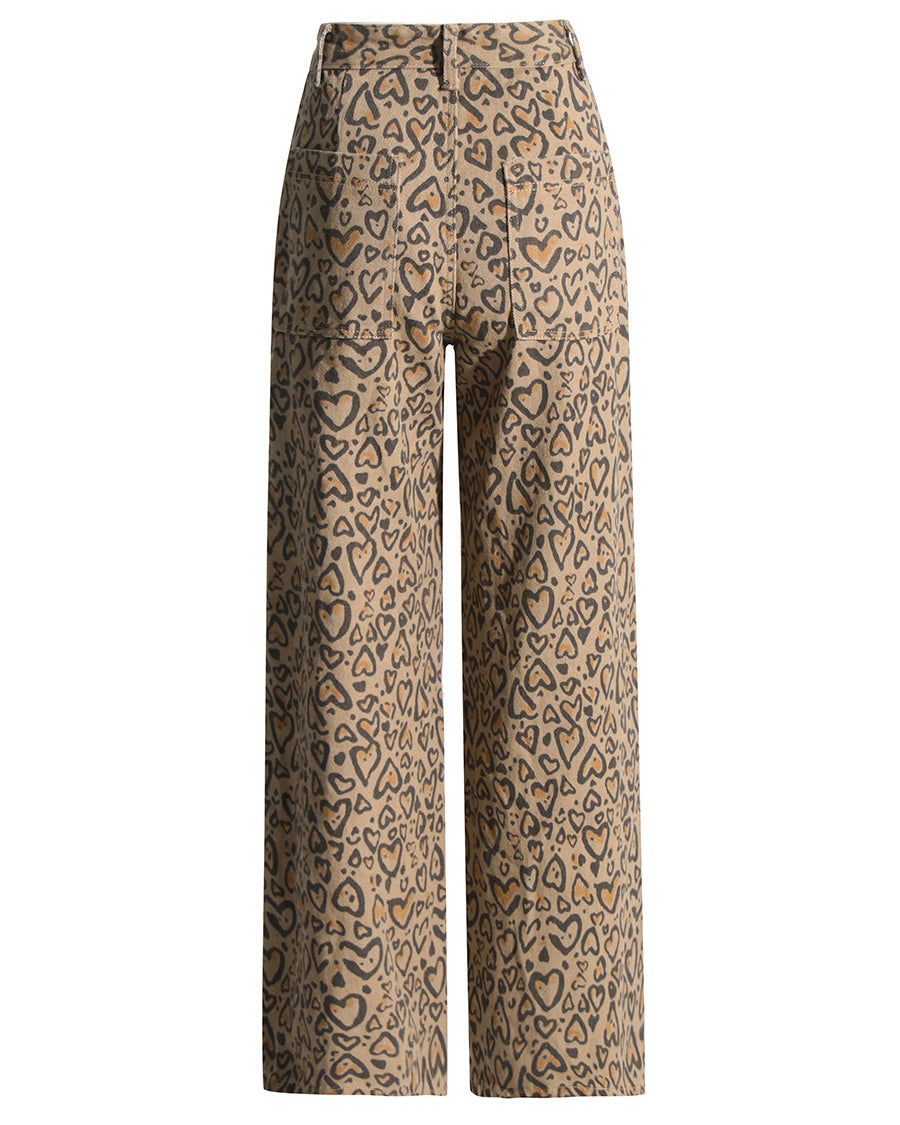 Leopard Print Diamond Straight Casual Trousers Women