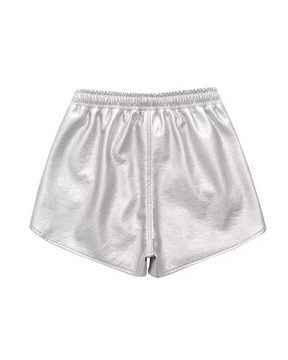 Hohe Taille, elastischer Kordelzug, Leder, weites Bein, Shorts für Damen, dünn, gerade