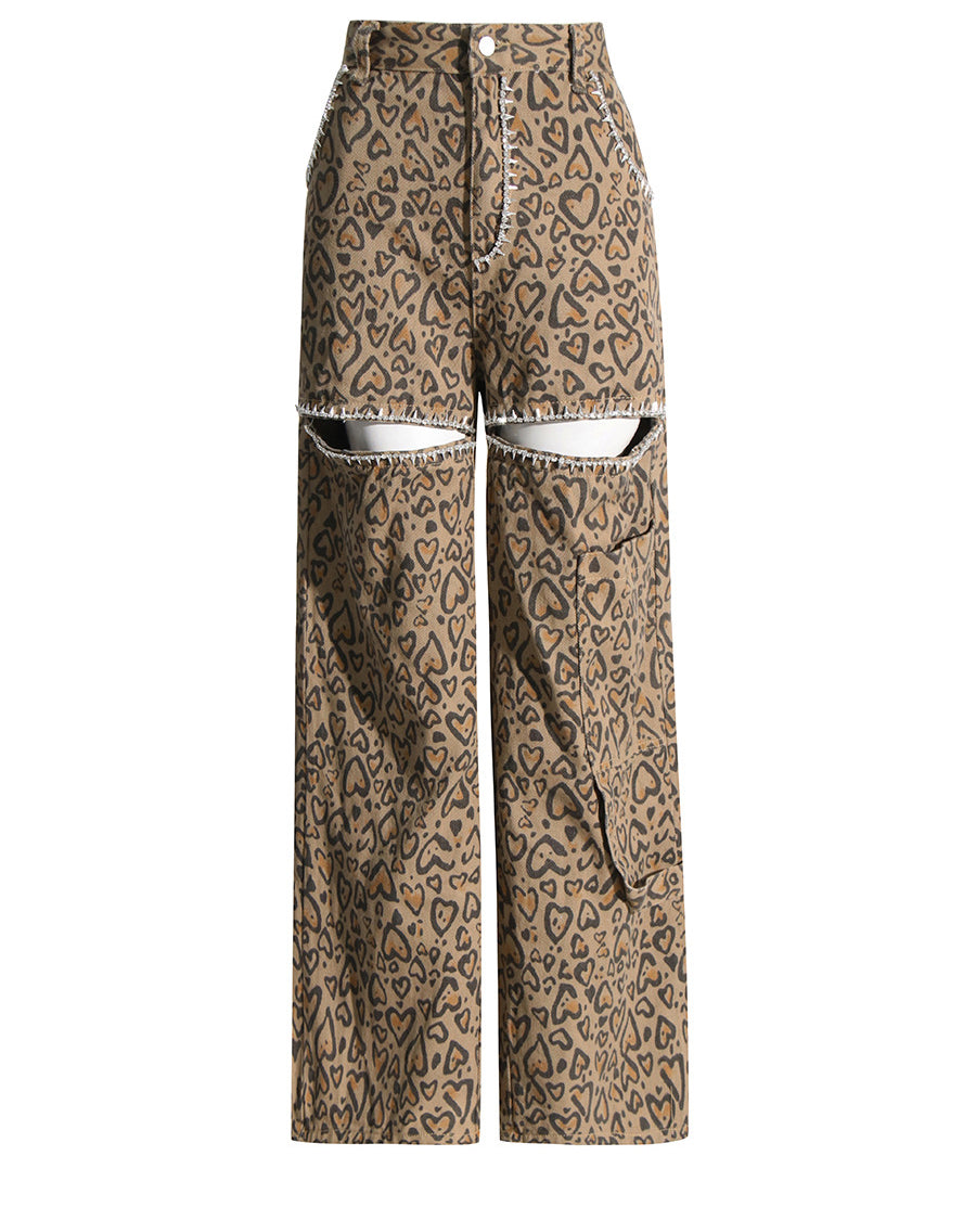 Pantalones casuales rectos con estampado de diamantes y estampado de leopardo para mujer 