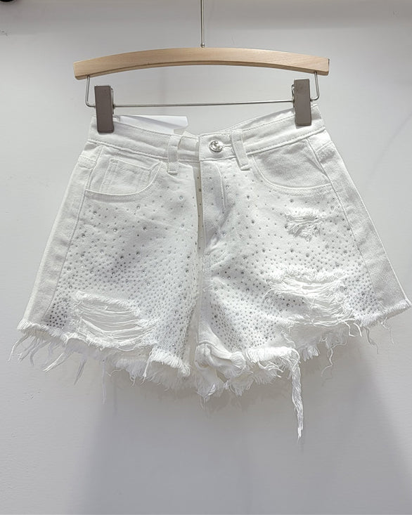 High-Waisted Slimming Colored Perm Ripped Denim Shorts