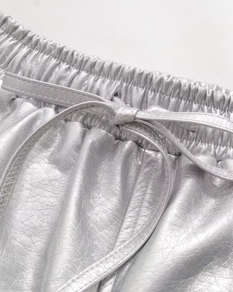 Pantalones cortos de pierna ancha de cuero con cordón elástico de cintura alta para mujer rectos finos