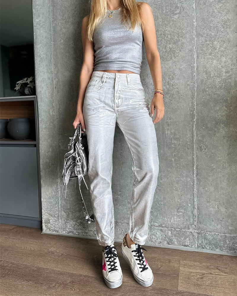 High-Waisted Metallic Tapered Slim-Fit Jeans (Pre-sale)
