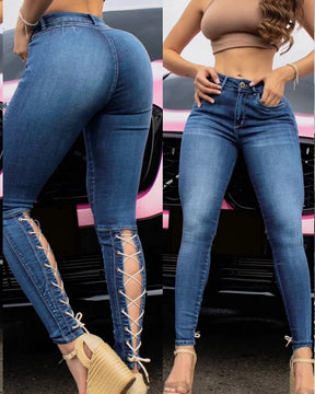 Damen-Riemchen-Röhrenjeans