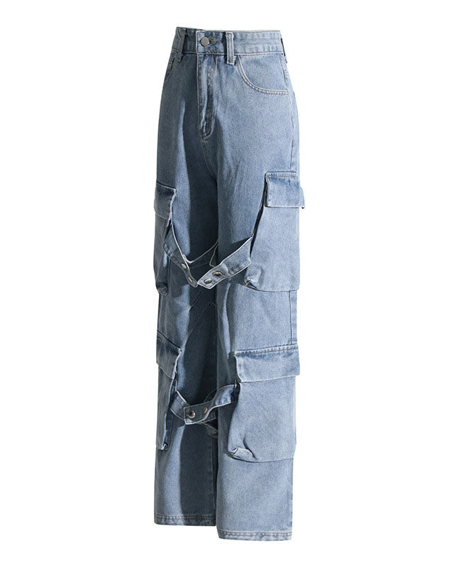 Retro Multi-Pocket Strappy Jeans Women’s Straight Casual Trousers