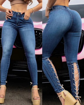 Damen-Riemchen-Röhrenjeans