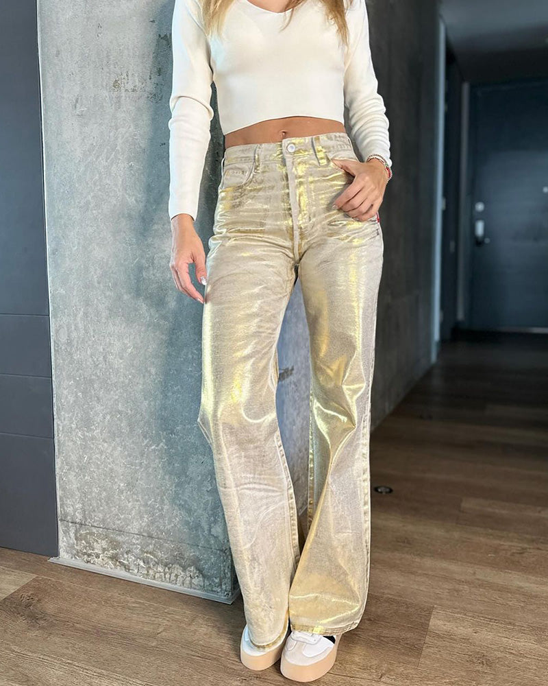 Mid-Rise White Metallic Baggy Jeans