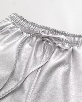 Pantalones cortos de pierna ancha de cuero con cordón elástico de cintura alta para mujer rectos finos