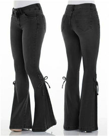 Mid Rise Tie Denim Hose Stretch Jeans Damen Schlaghose