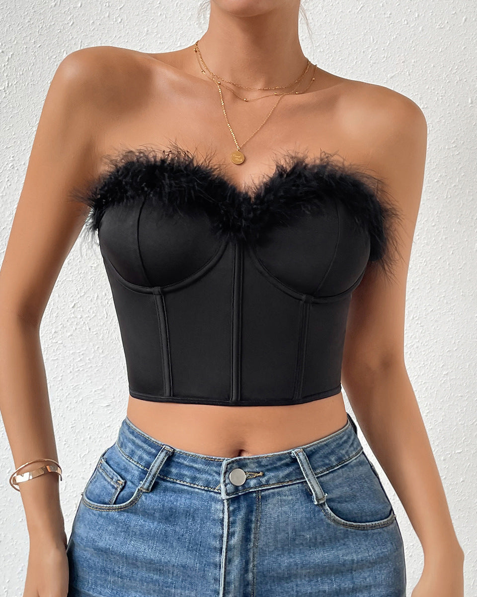 Low-Cut Feather Paneled Short Underwired Herringbone Top